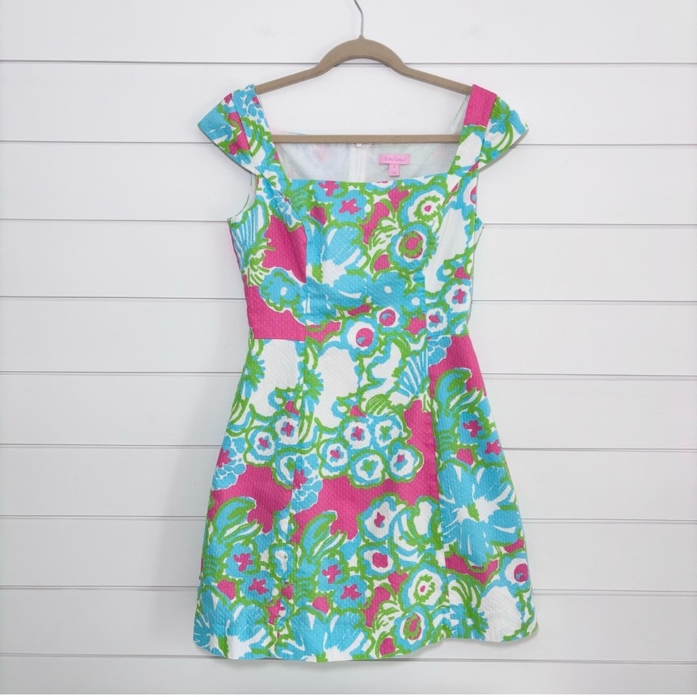 Lilly Pulitzer Pink A Delicacy York Dress Cap Sleeve Floral Pink Green & Blue 8